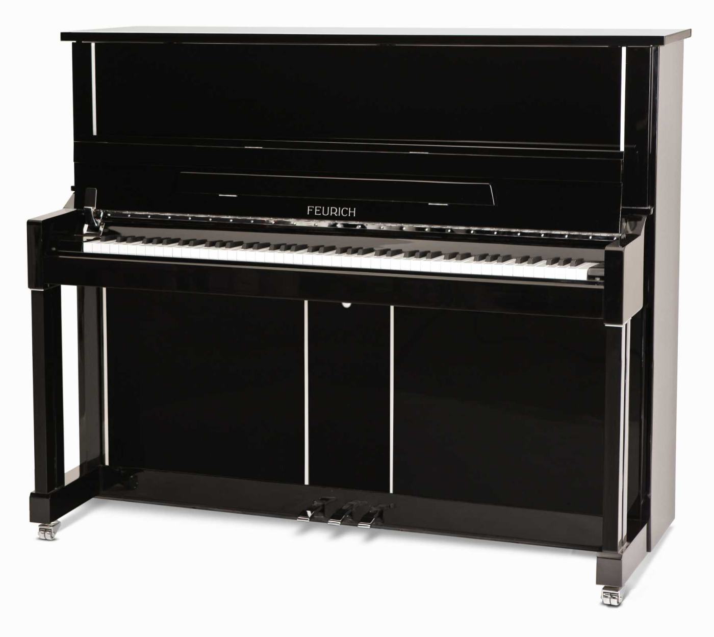 Feurich 125 upright Piano in Black Polyester – Featured image – Roberts Pianos Oxford