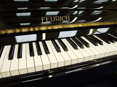 Feurich 122 upright Piano in Gloss black – Gallery image – Roberts Pianos Oxford