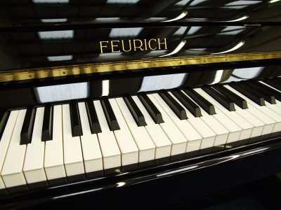 Feurich 122 upright Piano in Gloss black – Gallery image – Roberts Pianos Oxford