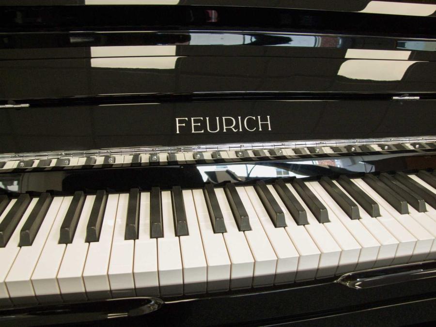 Feurich 133 upright Piano in black polyester – Gallery image – Roberts Pianos Oxford