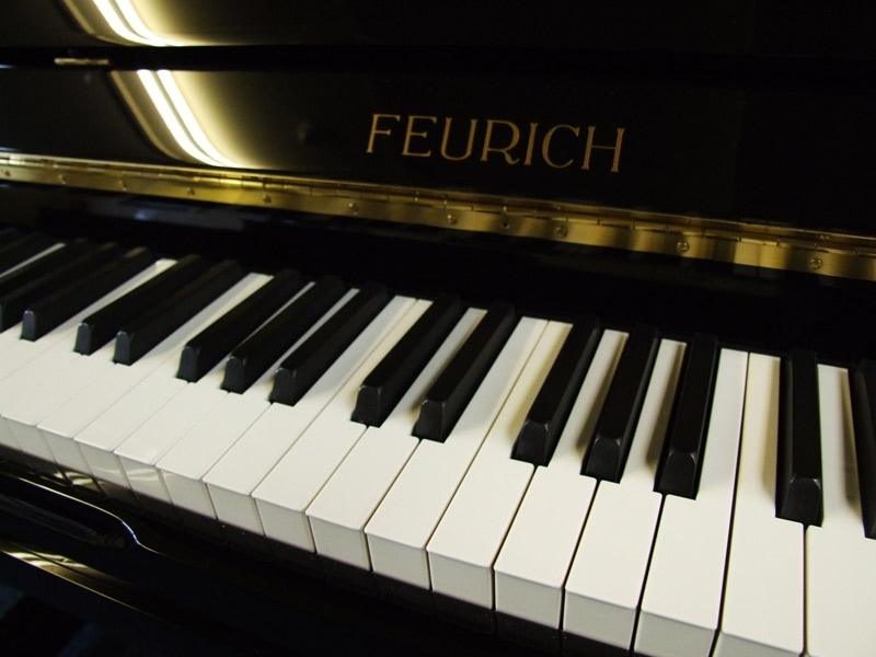 Feurich 133 upright Piano in Black Polyester – Gallery image – Roberts Pianos Oxford
