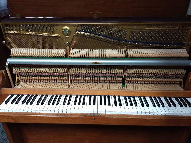 Welmar upright Piano in light walnut/mahogany – Gallery image – Roberts Pianos Oxford