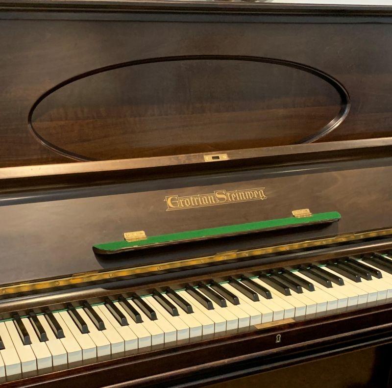 Grotrian Steinweg 125 upright Piano in dark mahogany – Gallery image – Roberts Pianos Oxford