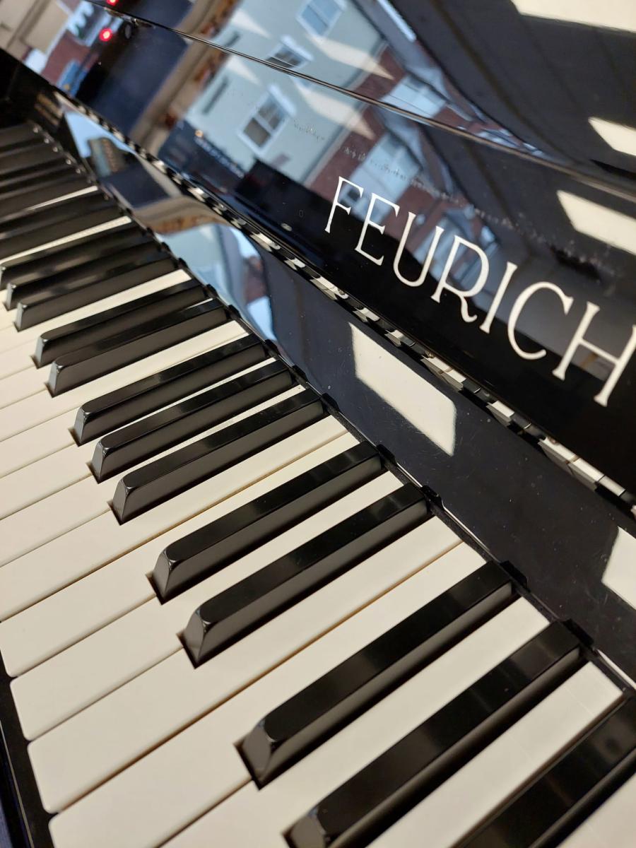 Feurich 122 upright Piano in Black Gloss – Gallery image – Roberts Pianos Oxford