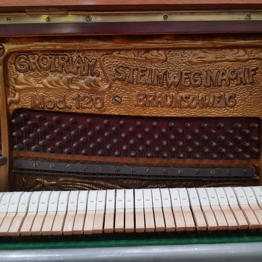 Grotrian Steinweg 120 upright Piano in Light Mahogany / Walnut – Gallery image – Roberts Pianos Oxford