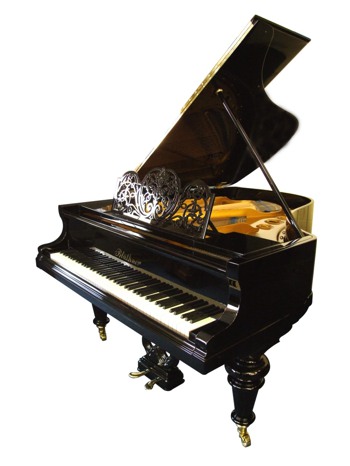Bluthner grand piano in black side view.
