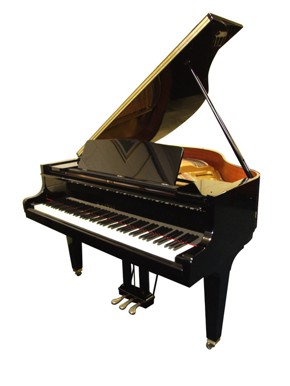 Kawai grand piano in bright black side view.