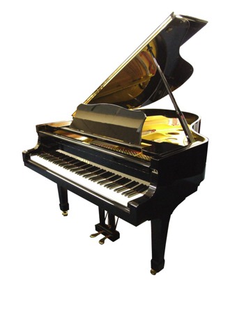 Yamaha grand piano in black, side view with the lid open.